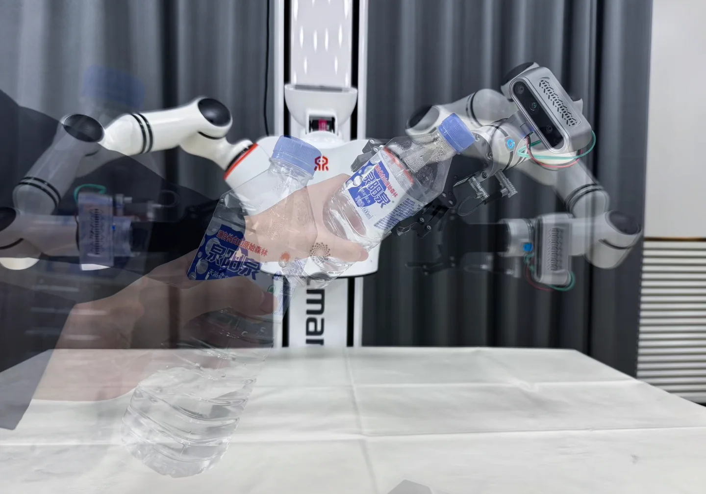 A person hands a moving water bottle to the Realman robot.