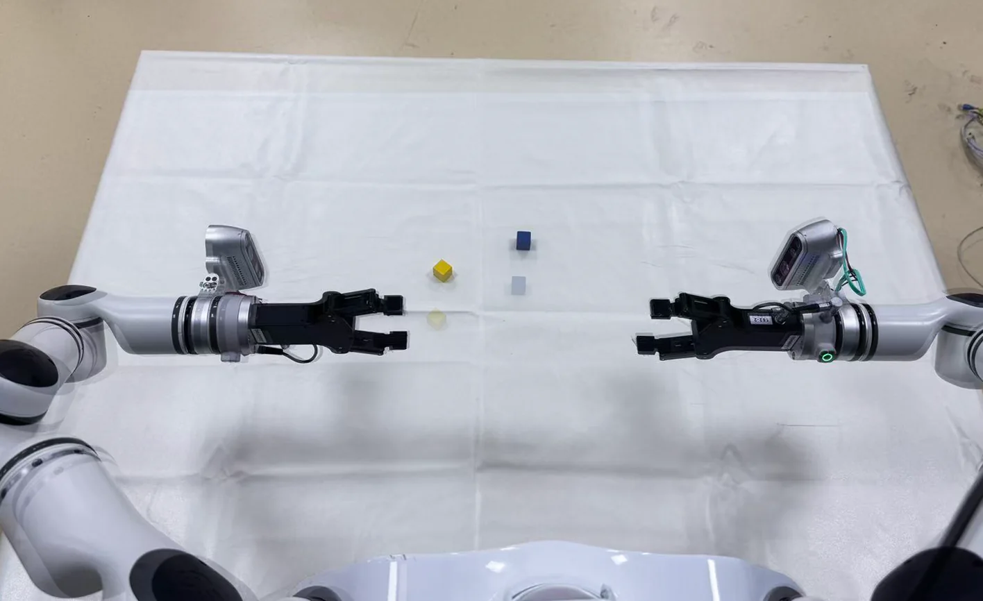 Robot arms and target objects after a shift in their relative positions.